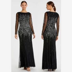 Mac Duggal Black High Neck Sequin Embellished Long Sleeve A Line Gown SZ 6  9226